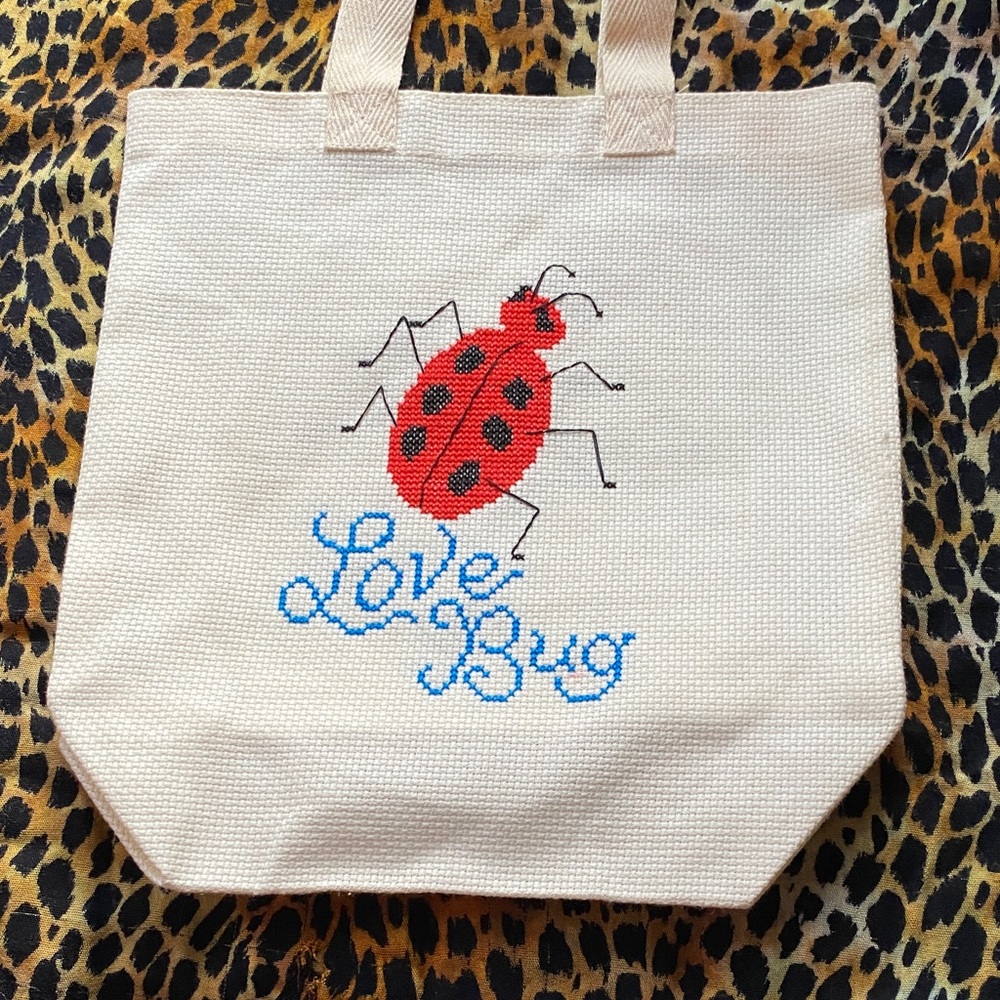 3 for 15$! Mini Cross Stitched Lady Bug Cream Tote Bag, "Love Bug"